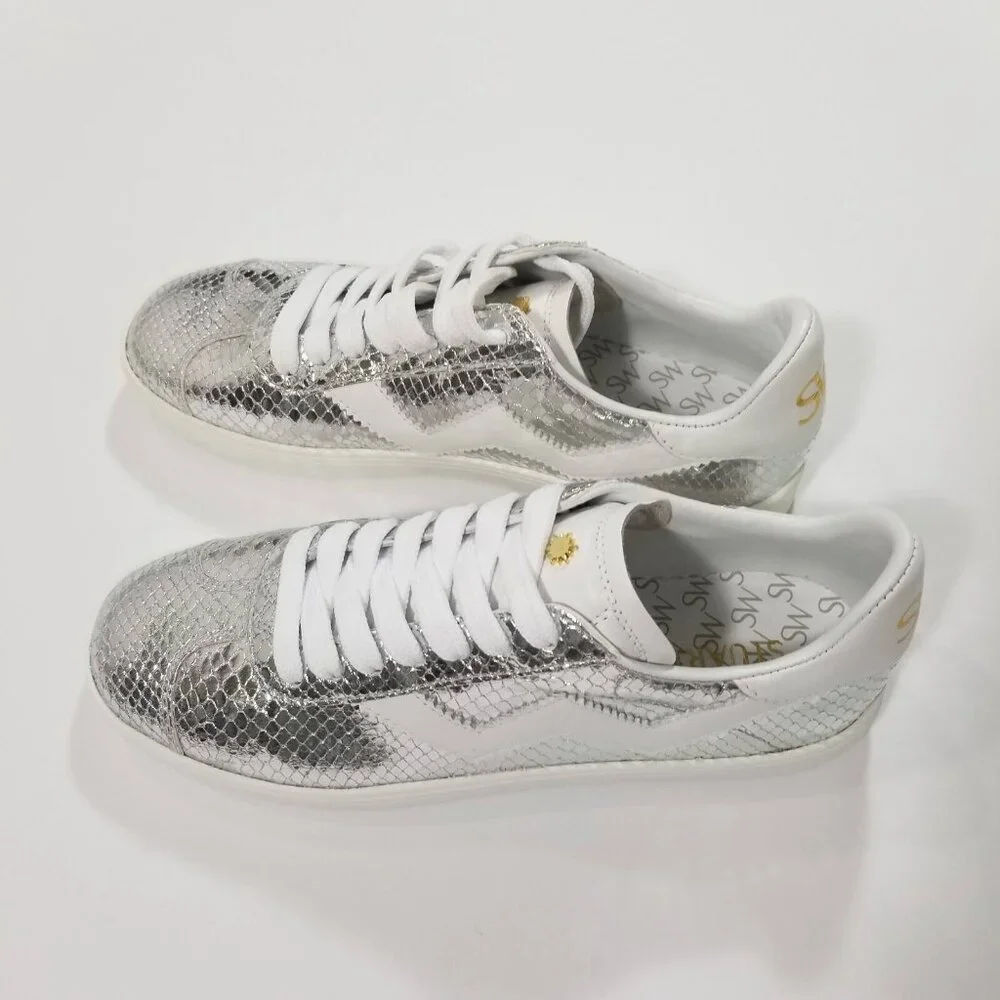 Stuart Weitzman Shoes Womens Size 5 Silver Daryl Metallic Snake Leather Sneakers